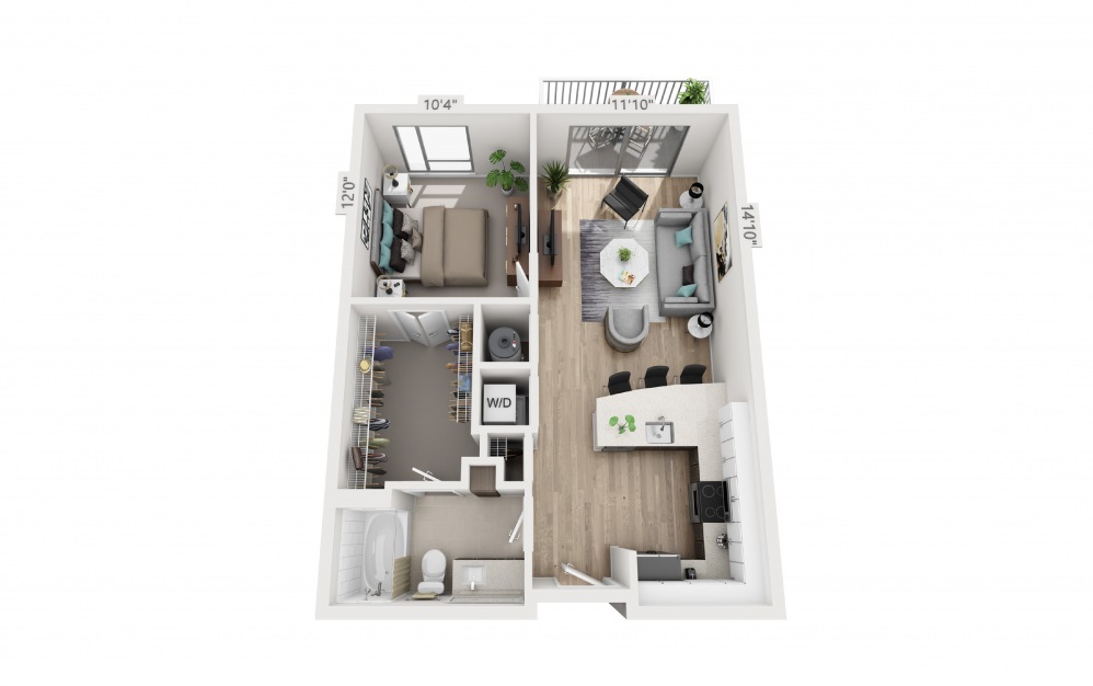 D1B - 1 bedroom floorplan layout with 1 bath and 726 square feet.