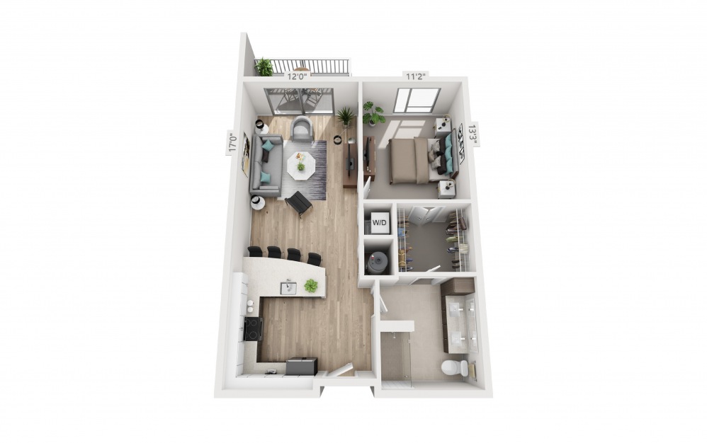 E1A - 1 bedroom floorplan layout with 1 bath and 736 square feet.