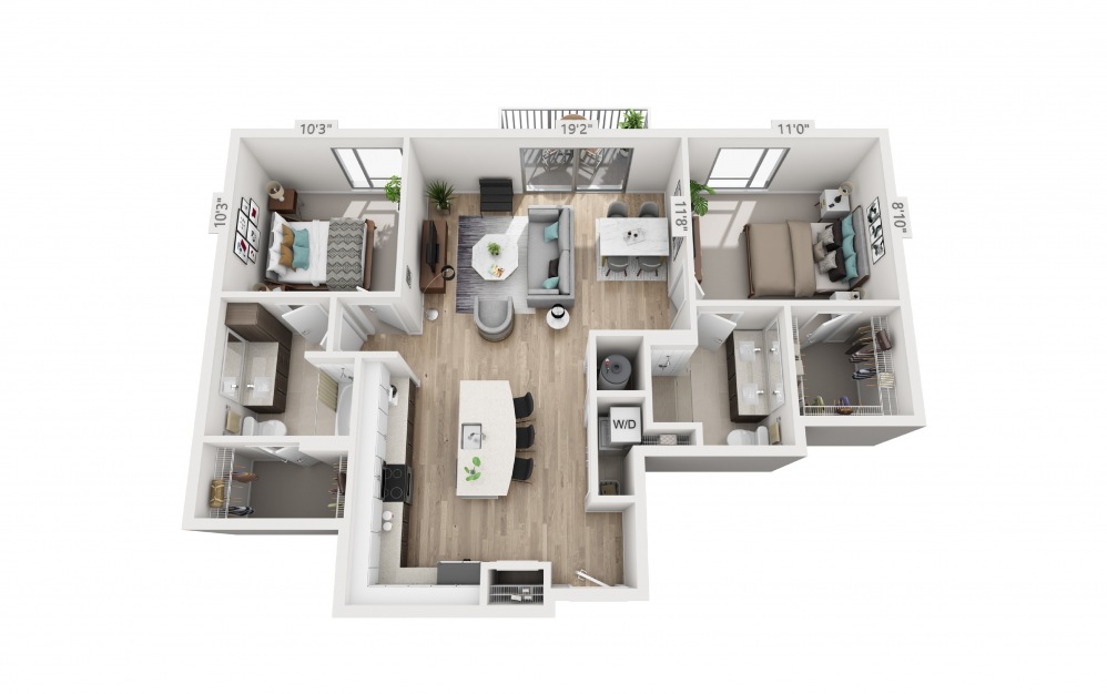 E2 - 2 bedroom floorplan layout with 2 baths and 1181 square feet.