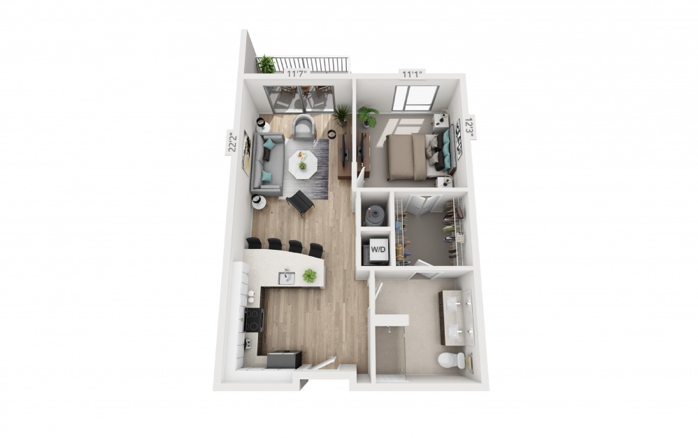F1A - 1 bedroom floorplan layout with 1 bath and 746 square feet.