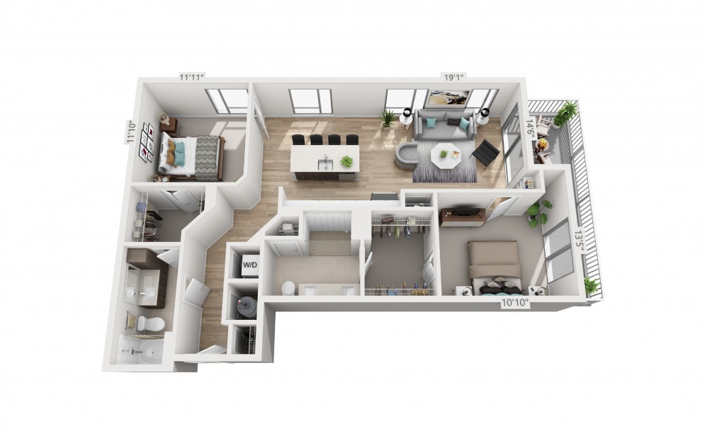 D2 - 2 bedroom floorplan layout with 2 baths and 1167 square feet.