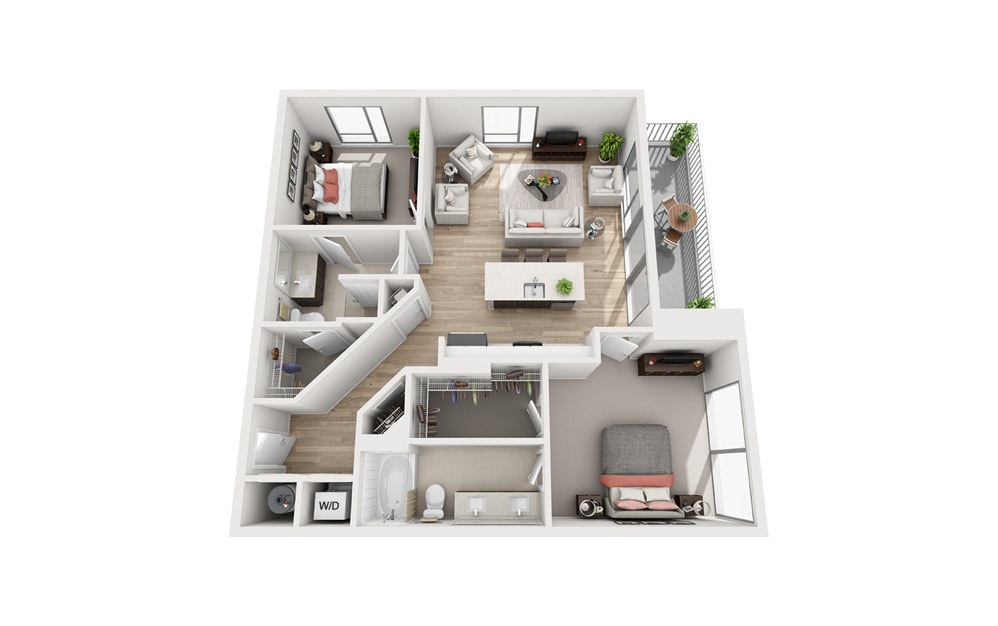 2 Bedroom 2 Bathroom - 2 bedroom floorplan layout with 2 baths and 1111 square feet.
